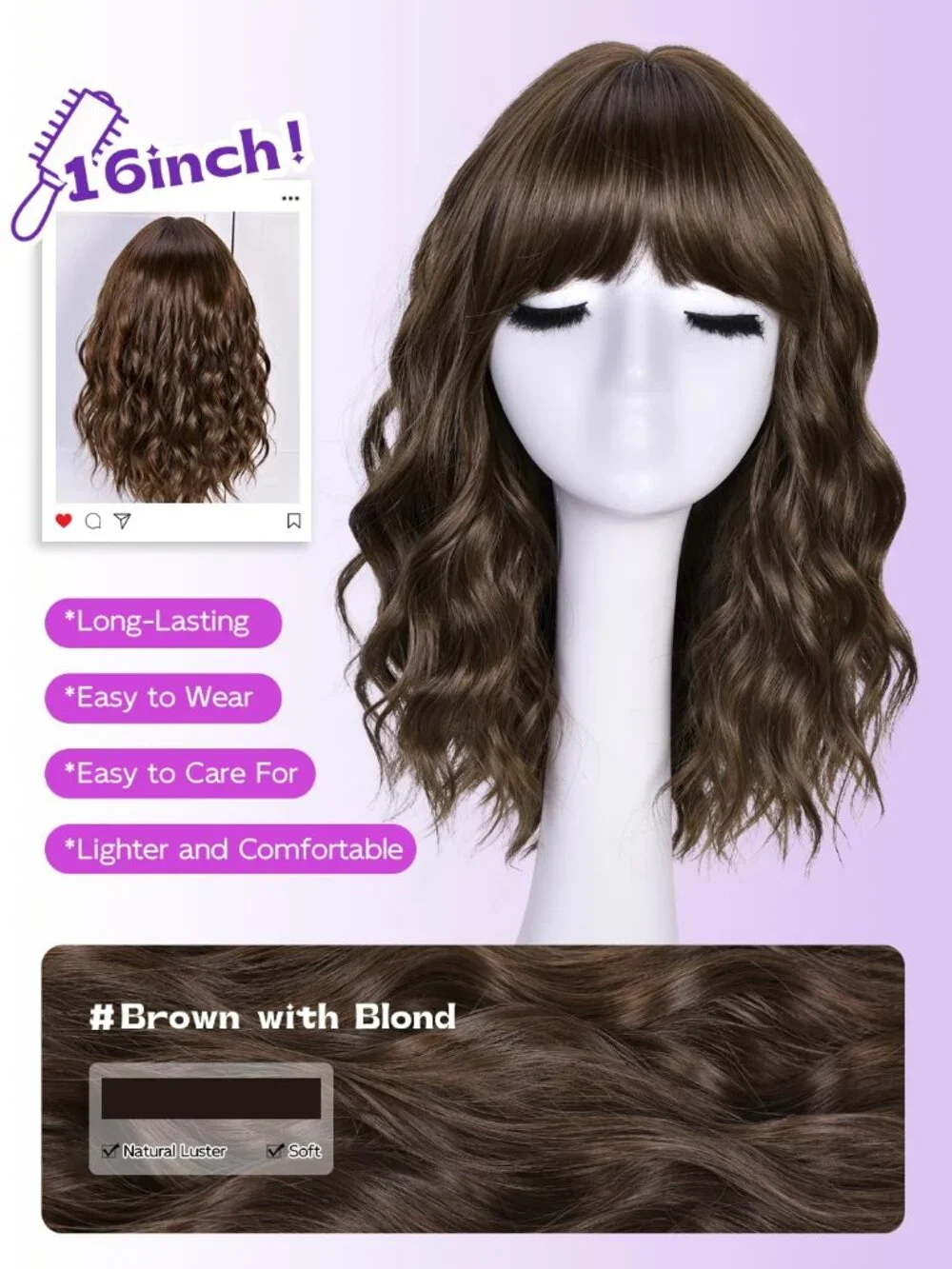 Women's Brown 14 Inch Natural Synthetic Short Curly Wavy Fiber Wigs